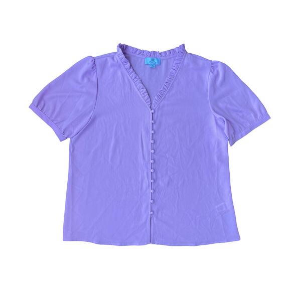 CeCe Ruffle V Neck Button Front Blouse Short Sleeve Purple Top - Medium - Picture 2 of 11